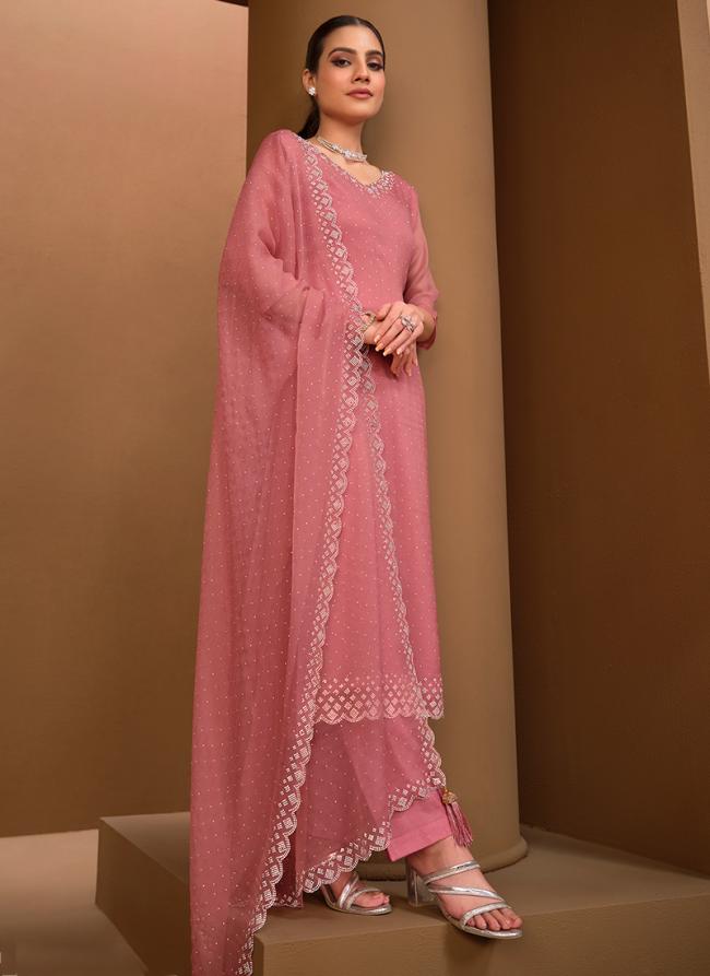 Organza Chiffon Pink Traditional Wear Swarovski Work Salwaar Suit